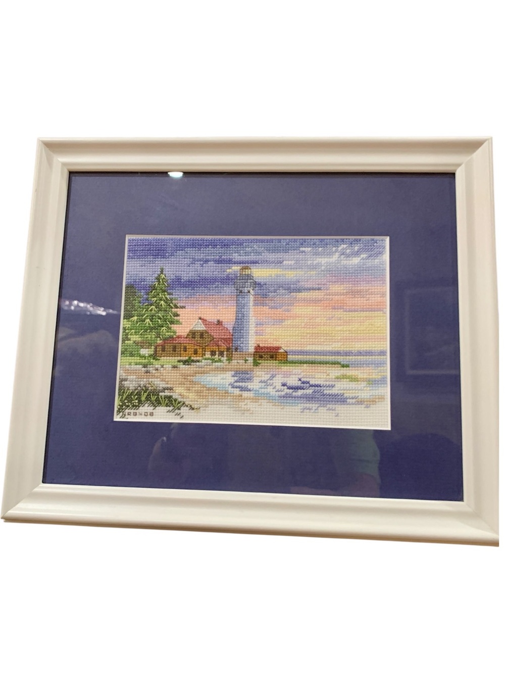 Nautical Beachy Lighthouse Cross Stitch Needlepoint Picture Framed & Matted Wall